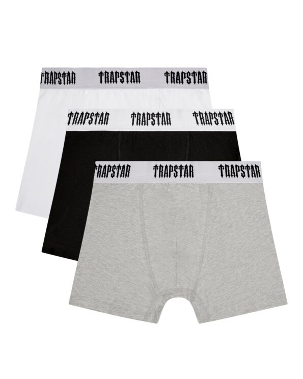 Stay sharp and comfortable every day with the Trapstar 3-Pack Boxer Shorts in Black/Grey/White. This essential set offers a perfect mix of style